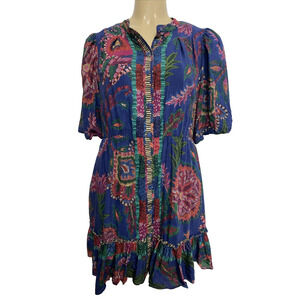 FARM Rio Sunset Tapestry Cotton Blend Mini Dress Button Down Puff Short sleeve L